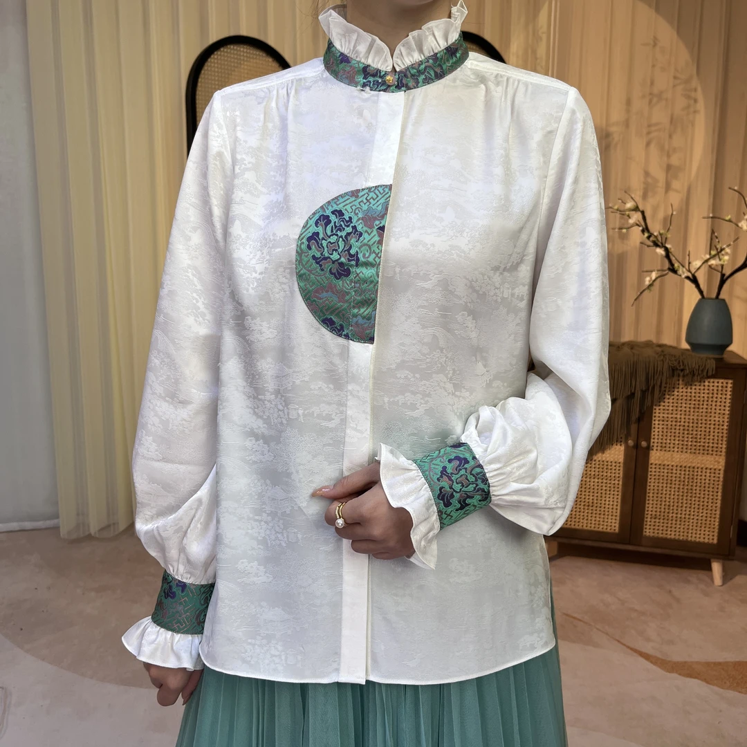 【花月】春季新中式复古刺绣袖设计师中式领撞色单排扣衬衫#2402105