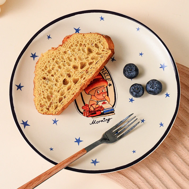 创意卡通星星人蓝边餐盘ins风可爱插画情侣礼物家用菜盘点心盘子