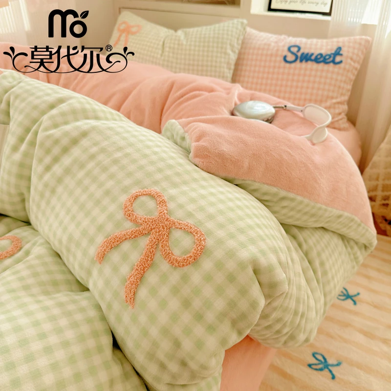 莫代尔冬季毛巾绣牛奶绒床上四件套双面加厚珊瑚绒法兰绒床单被套