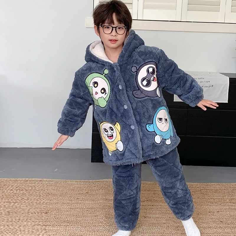 男童夹棉睡衣儿童冬季三层加厚保暖蛋仔派对男孩家居服2025款套装