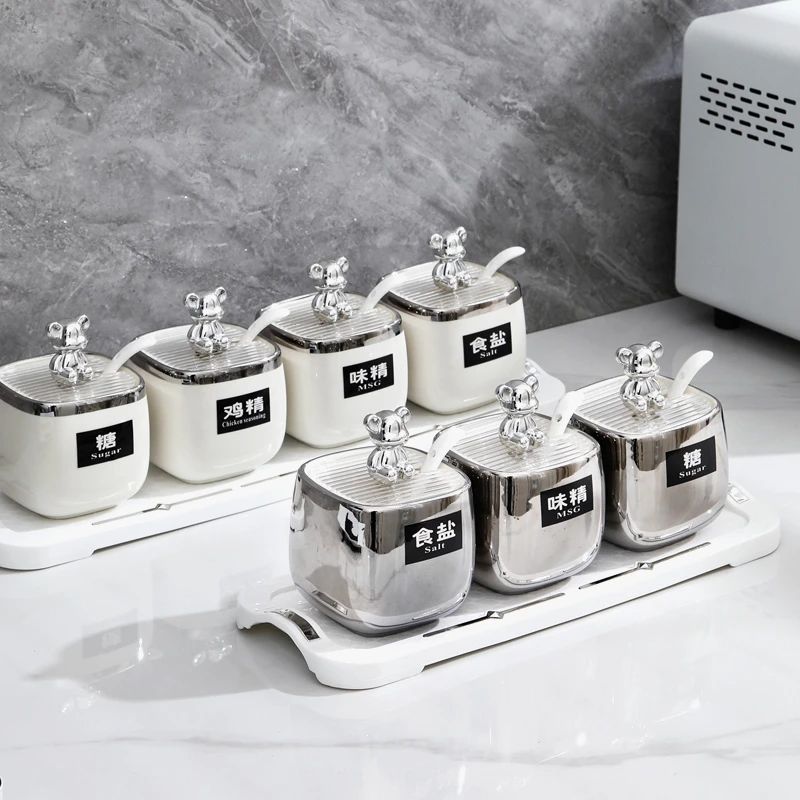 轻奢银色陶瓷调味罐调料盒套装厨房辣椒盐罐调味瓶盐味精罐子带盖