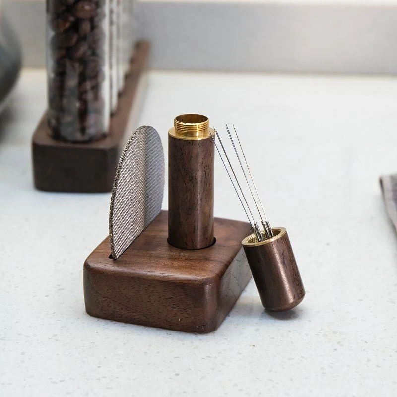 咖啡布粉针布粉器二次分水网套装胡桃木收纳咖啡粉搅拌结块打散器