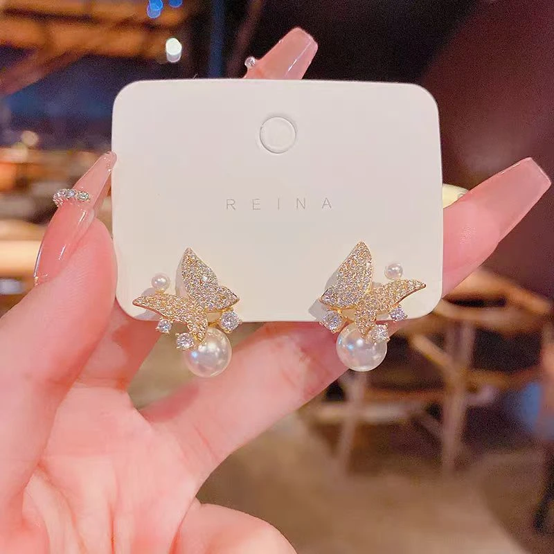 铜合金仿珍珠耳饰 小众高级级感气质甜美少女感蝴蝶气质耳环1096