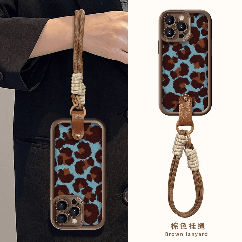 精孔复古蓝豹纹适用苹果15华为P70vivo高级oppo小米14手机壳