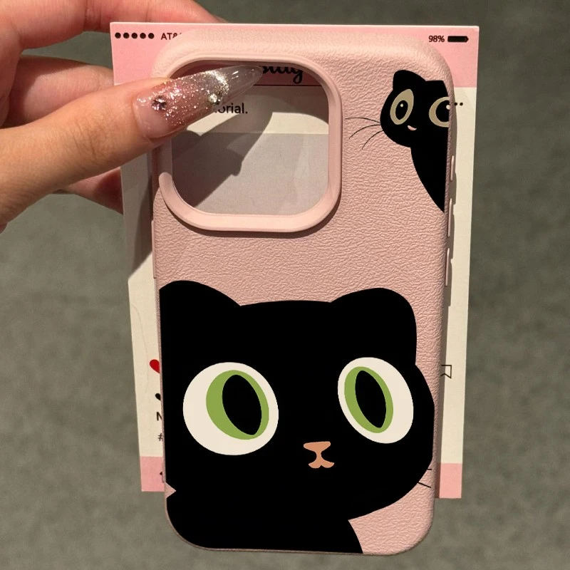 大眼黑喵荔枝纹适用苹果16iPhone15华为小米14手机壳vivo防摔oppo