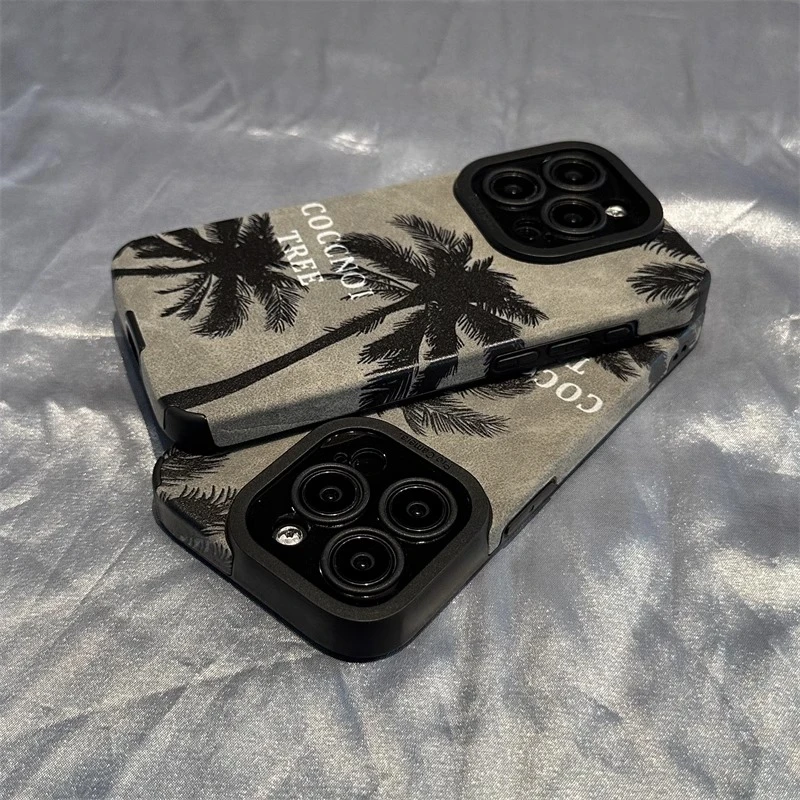 个性椰树适用苹果16promax手机壳iPhone15羊巴皮14高级感13全包12