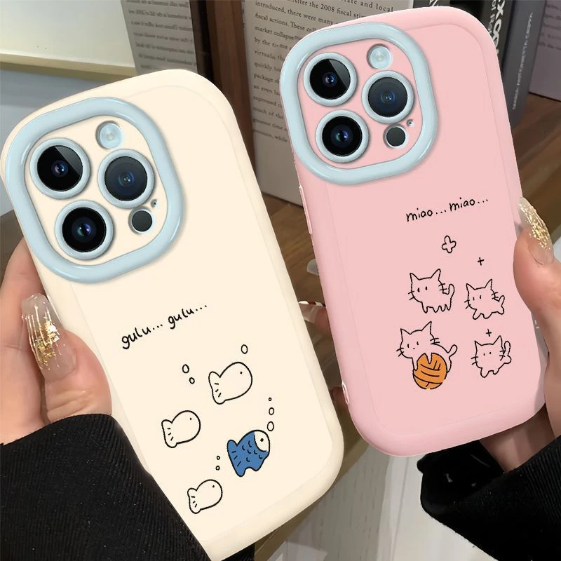 情侣款小鱼小猫适用苹果16promax华为小米14手机壳vivo防摔oppo