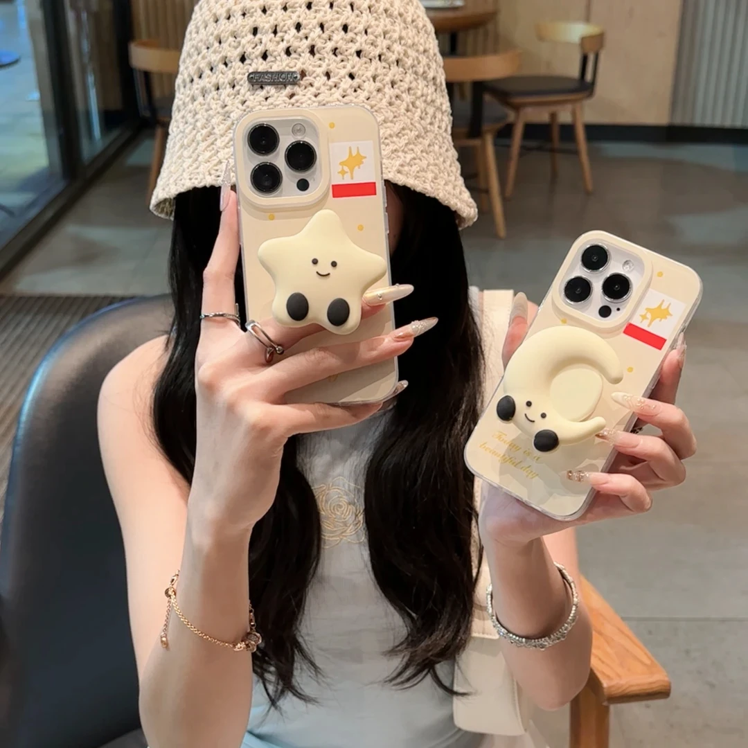 可爱星星月亮支架适用iphone16/15pro苹果13防摔14大孔12手机壳