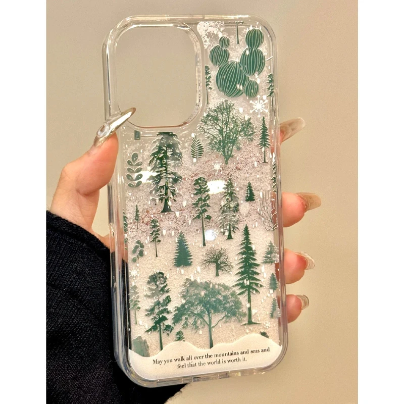 新款松林绿飘适用苹果16手机壳新款15/14透明13/12防摔11流沙壳