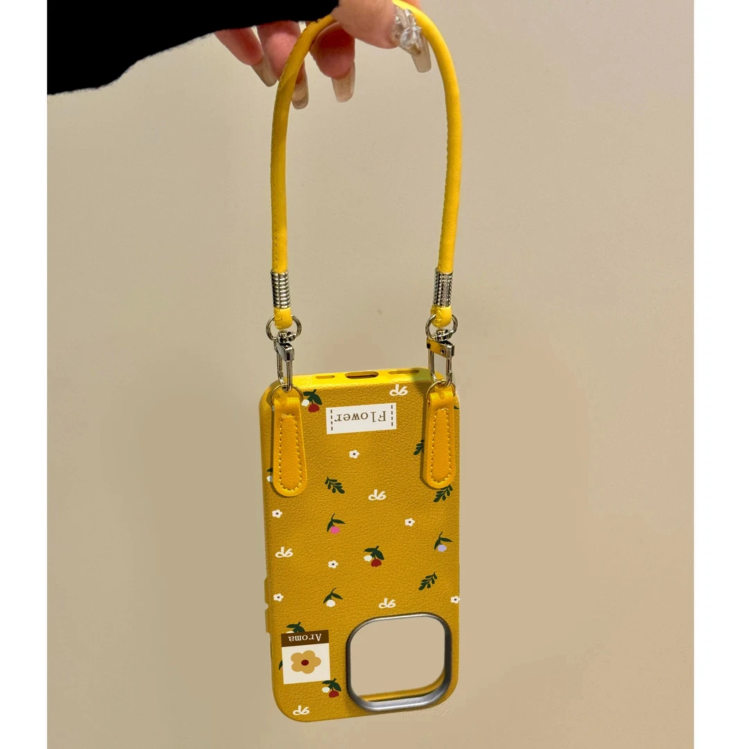 秋冬ins皮纹黄碎花适用iphone15/16promax苹果14防摔13/12手机壳