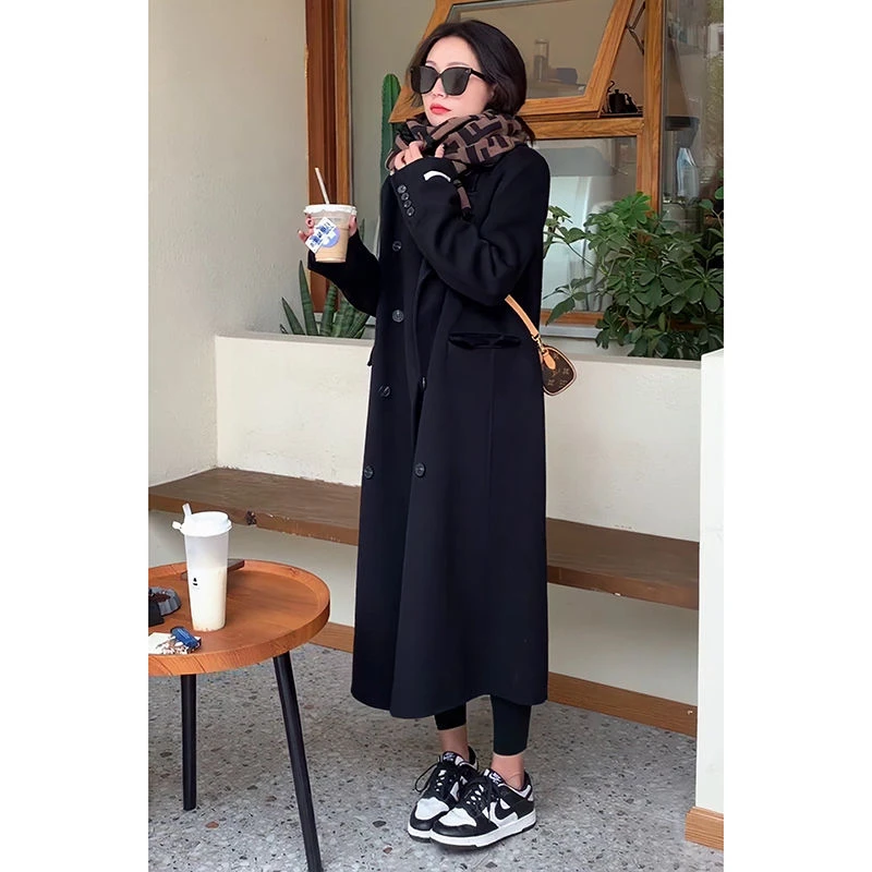 黑色双面羊毛大衣女中长款春秋冬季新款小个子西装加厚羊毛呢外套