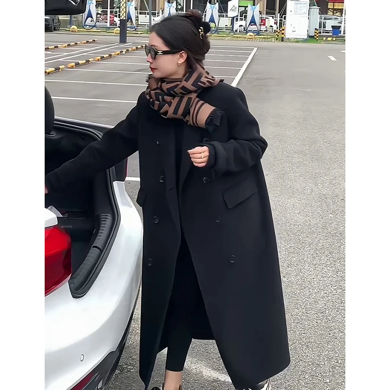 黑色毛呢外套女羽绒内胆秋冬新款90白鸭绒高级感正肩加厚呢子大衣