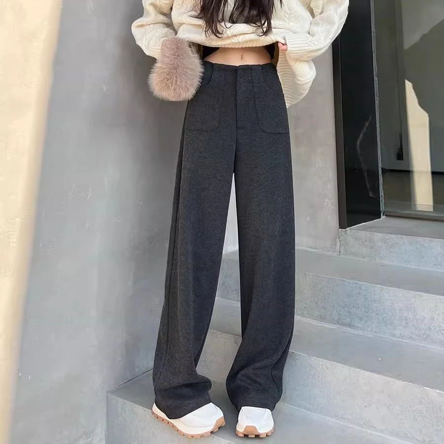 灰色窄版阔腿裤女加绒高腰垂感高级感毛呢西装裤休闲直筒裤秋冬季