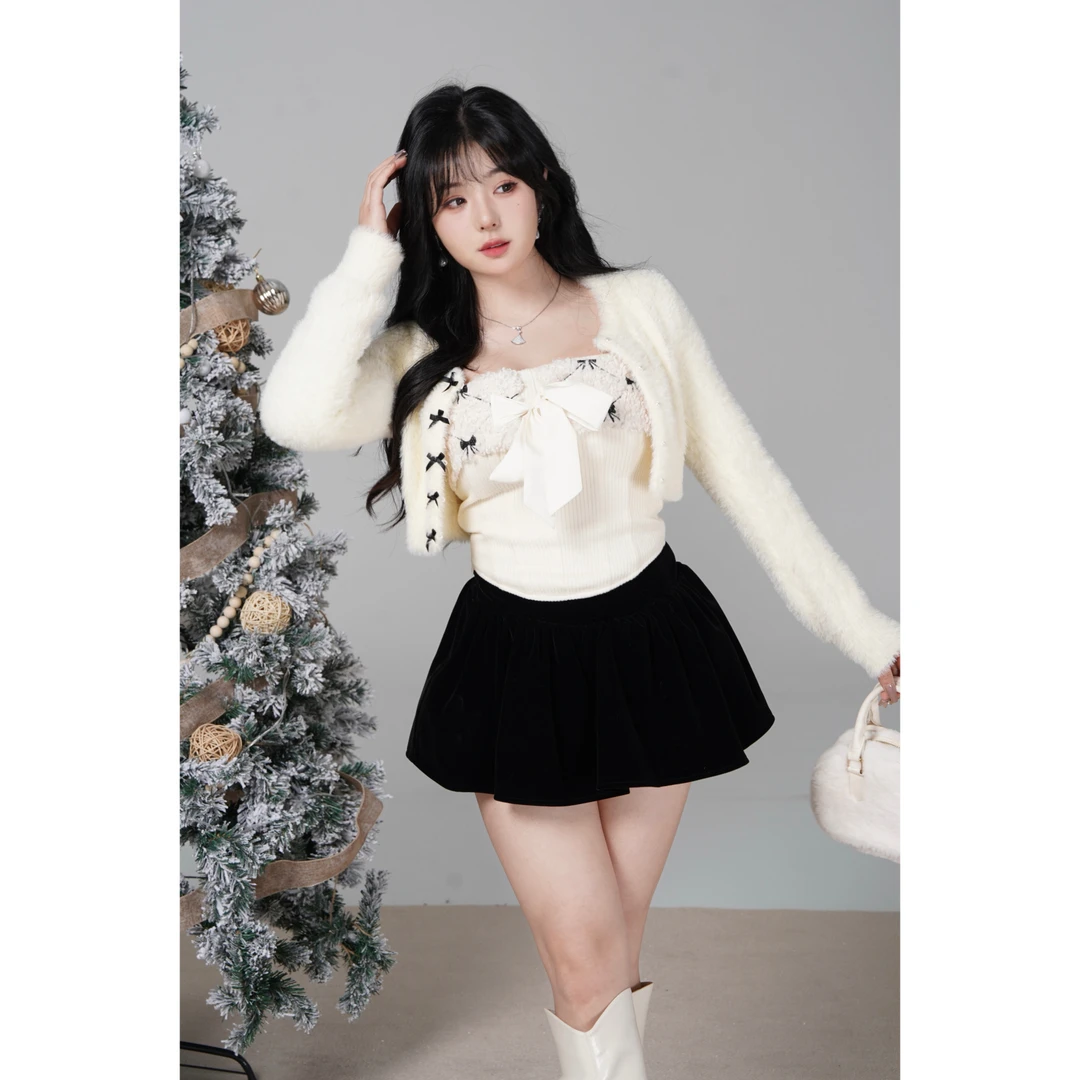 清清MengFairy 【乖系日记】纯欲吊带高腰黑色裙裤秋冬短款毛衣套装