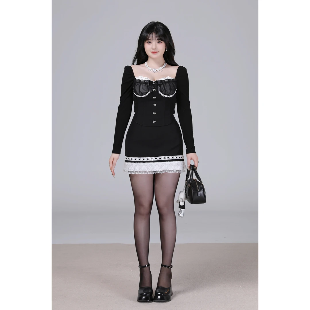 清清MengFairy 【摩登辣妹】纯欲性感修身长袖上衣黑色半身裙2540M