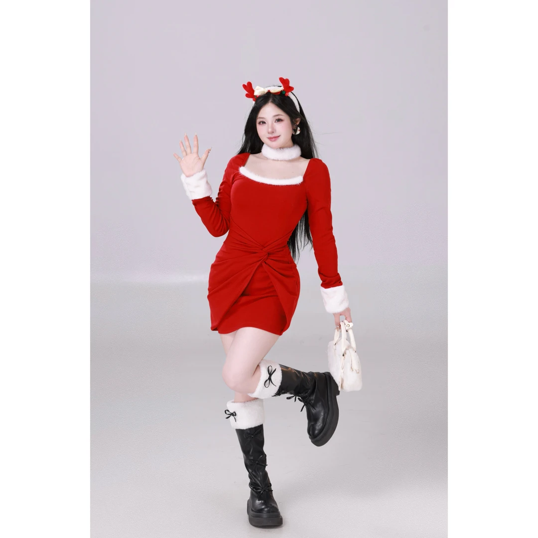 清清MengFairy【圣诞裙】温柔圣诞气息长袖短款针织连衣裙4025M雅丹