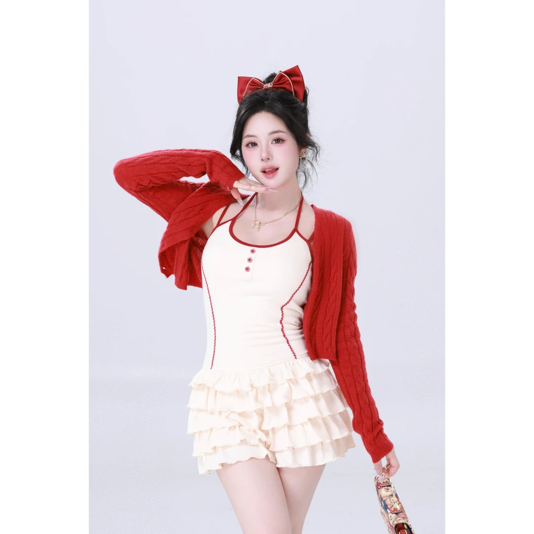 清清MengFairy【绾绾如玉】纯欲撞色挂脖吊带连衣裙3588