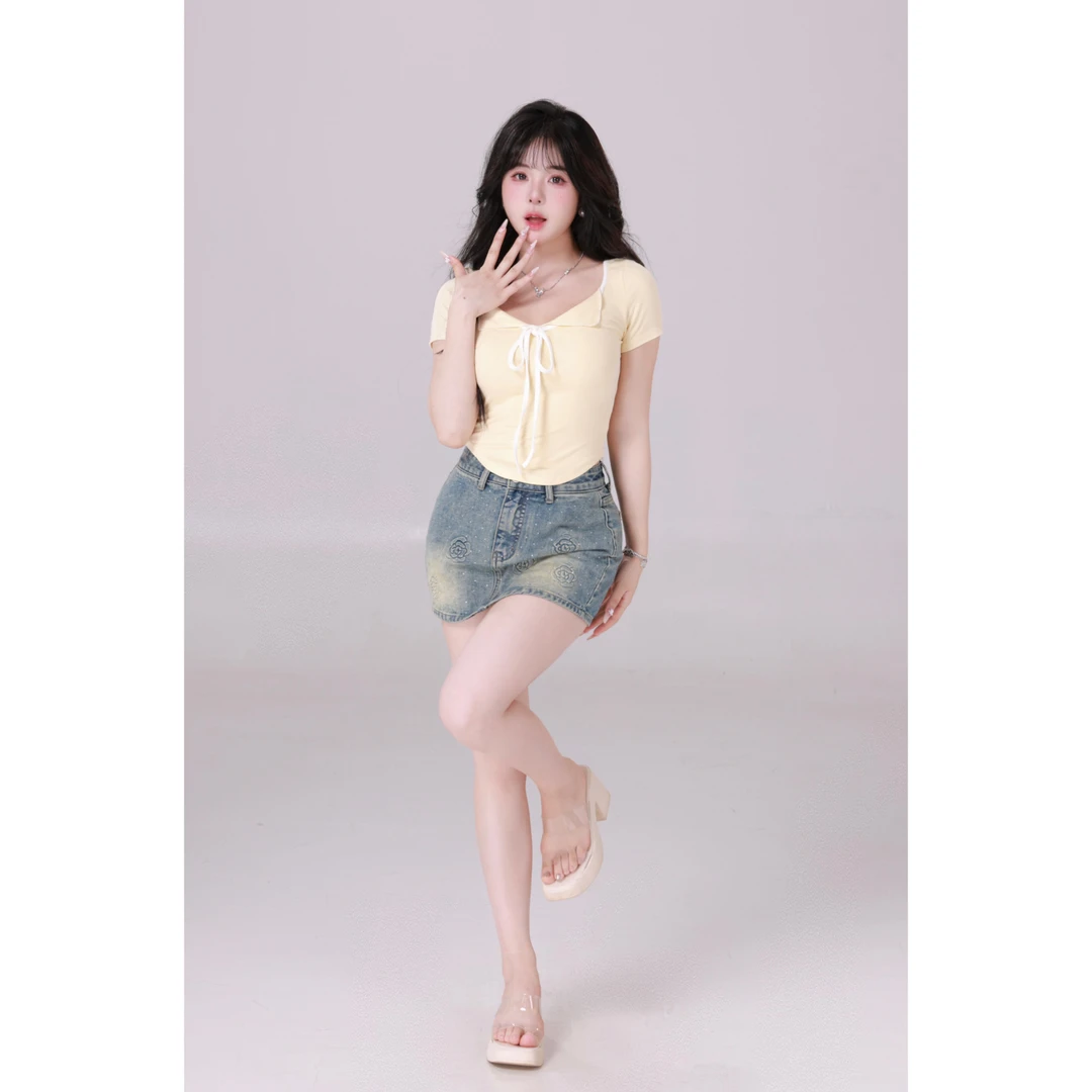 清清MengFairy【腿精热裙】纯欲玫瑰花百搭修身气质牛仔裙3094M