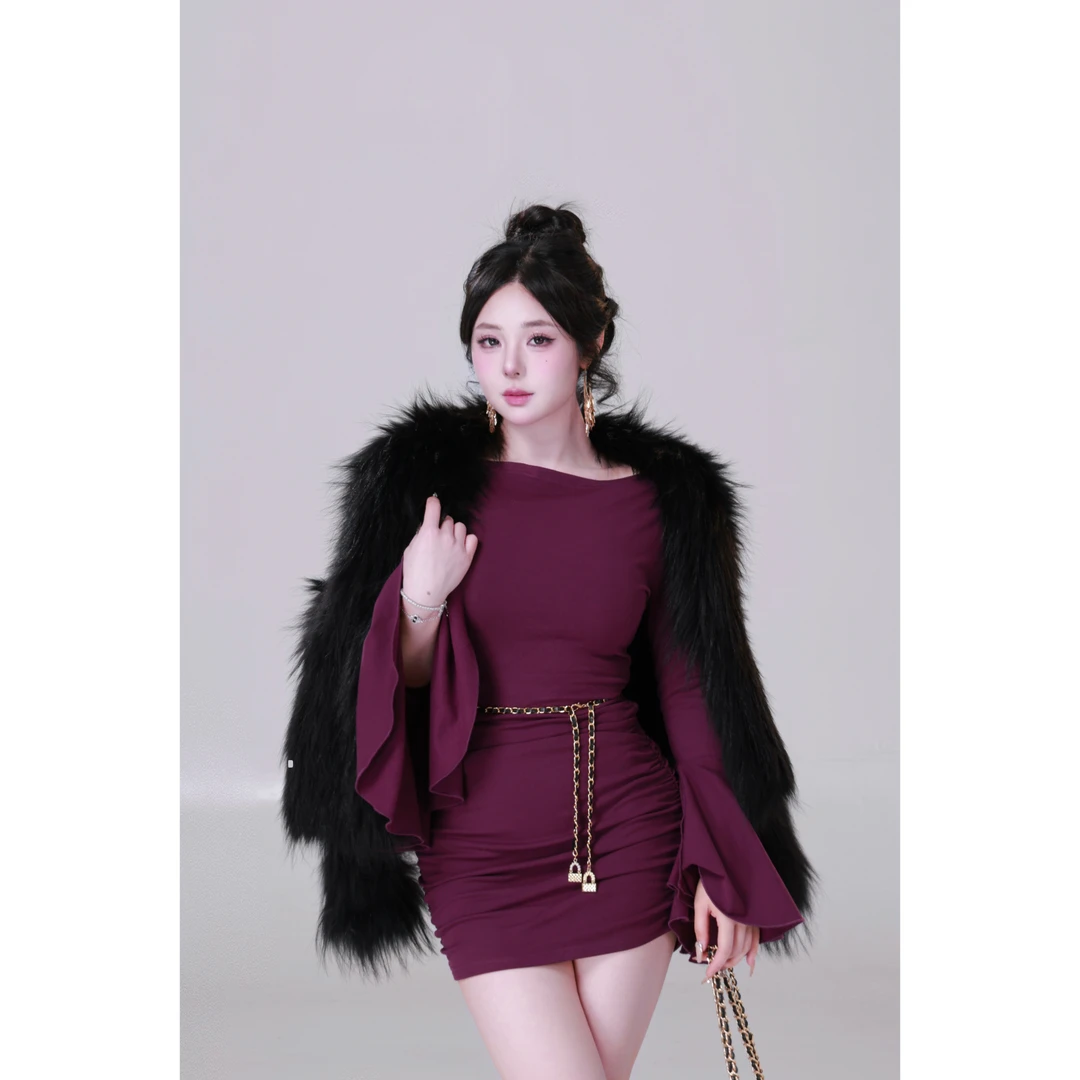 现现MengFairy【娇魅姐姐】纯欲性感喇叭袖短款针织连衣裙套&装4088