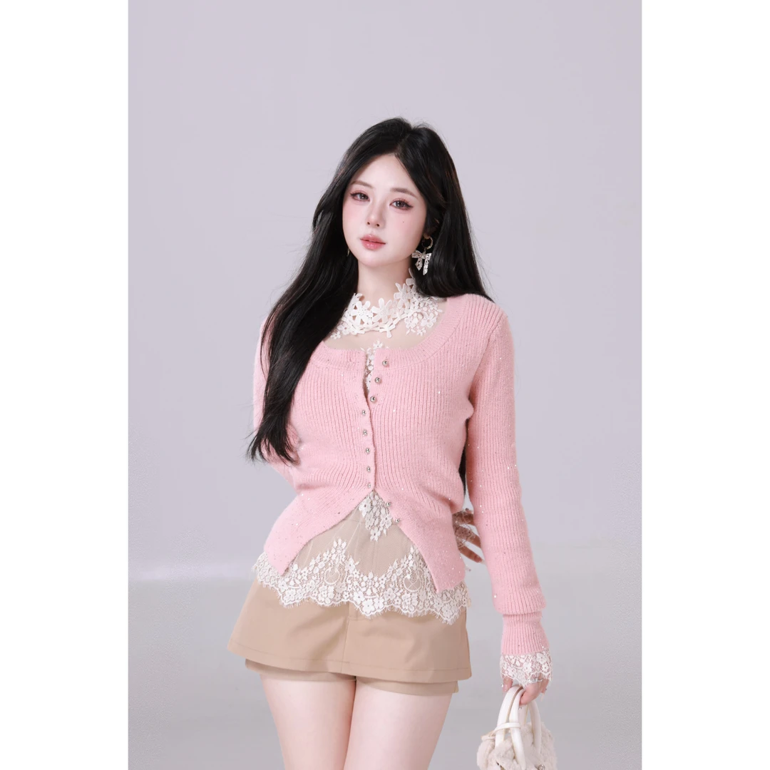 清清MengFairy【叠穿感】蕾丝打底上衣甜美毛织上衣套装4208M雅丹