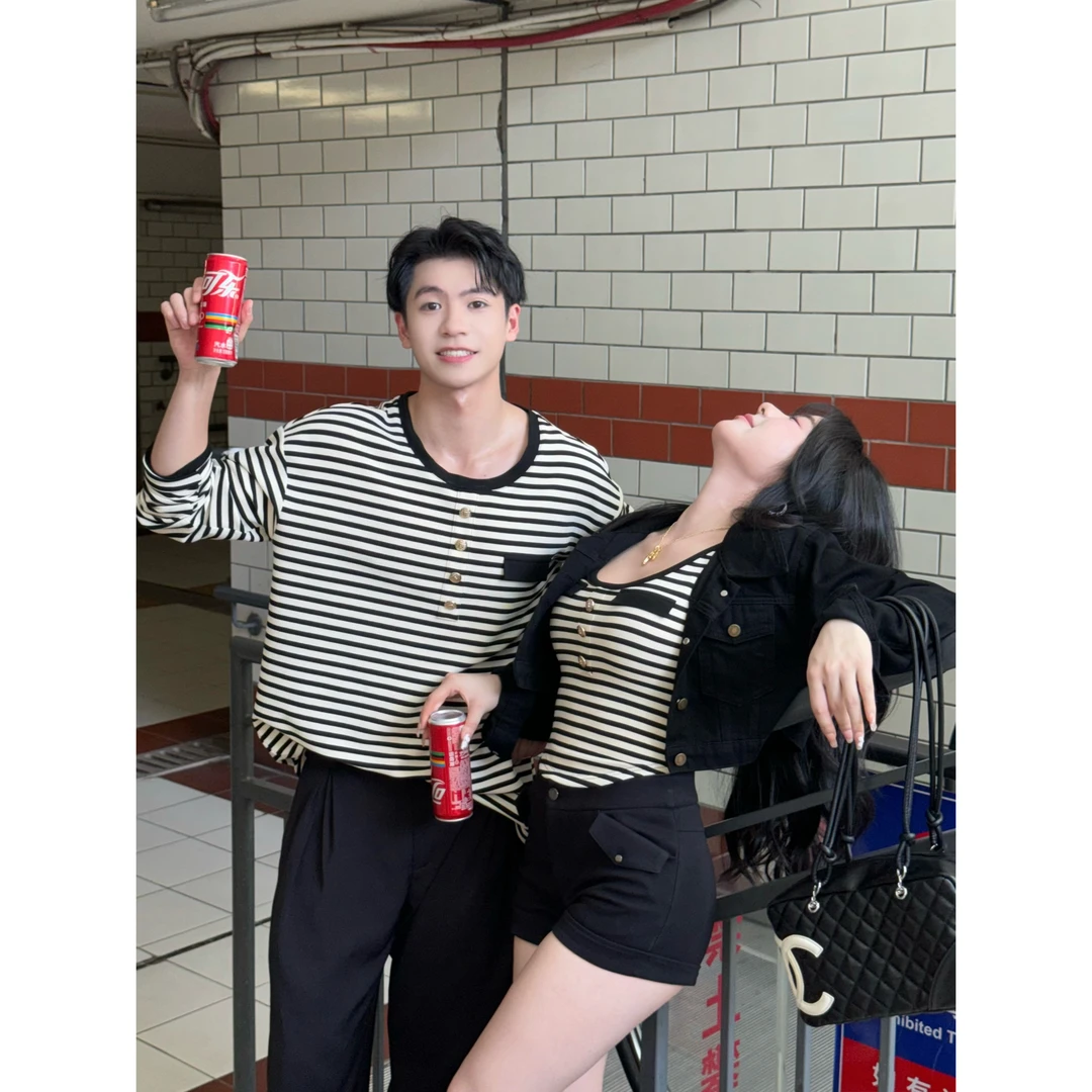 清清MengFairy【不费力穿搭 男】条纹宽松情侣男&款长袖T恤上衣3378