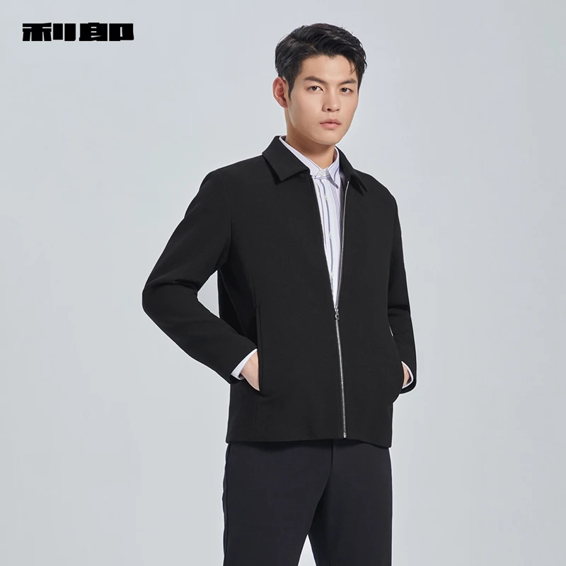 利郎官方茄克男秋商务休闲西装黑色翻领拉链门襟男士男装夹克外套