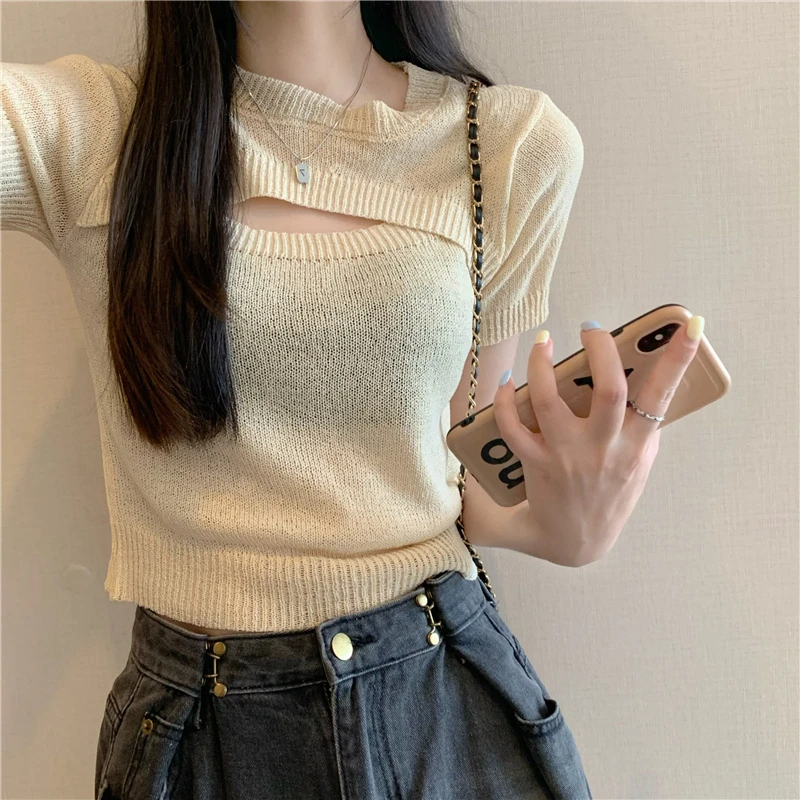设计感小众别致镂空假两件针织衫短袖T恤女夏季辣妹短款上衣ins夏
