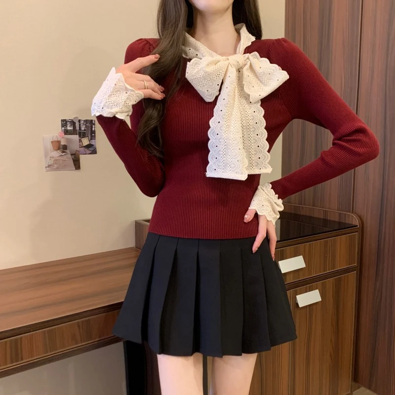 过年红色短款针织打底衫女秋冬季内搭蝴蝶结毛衣跨年圣诞穿搭上衣