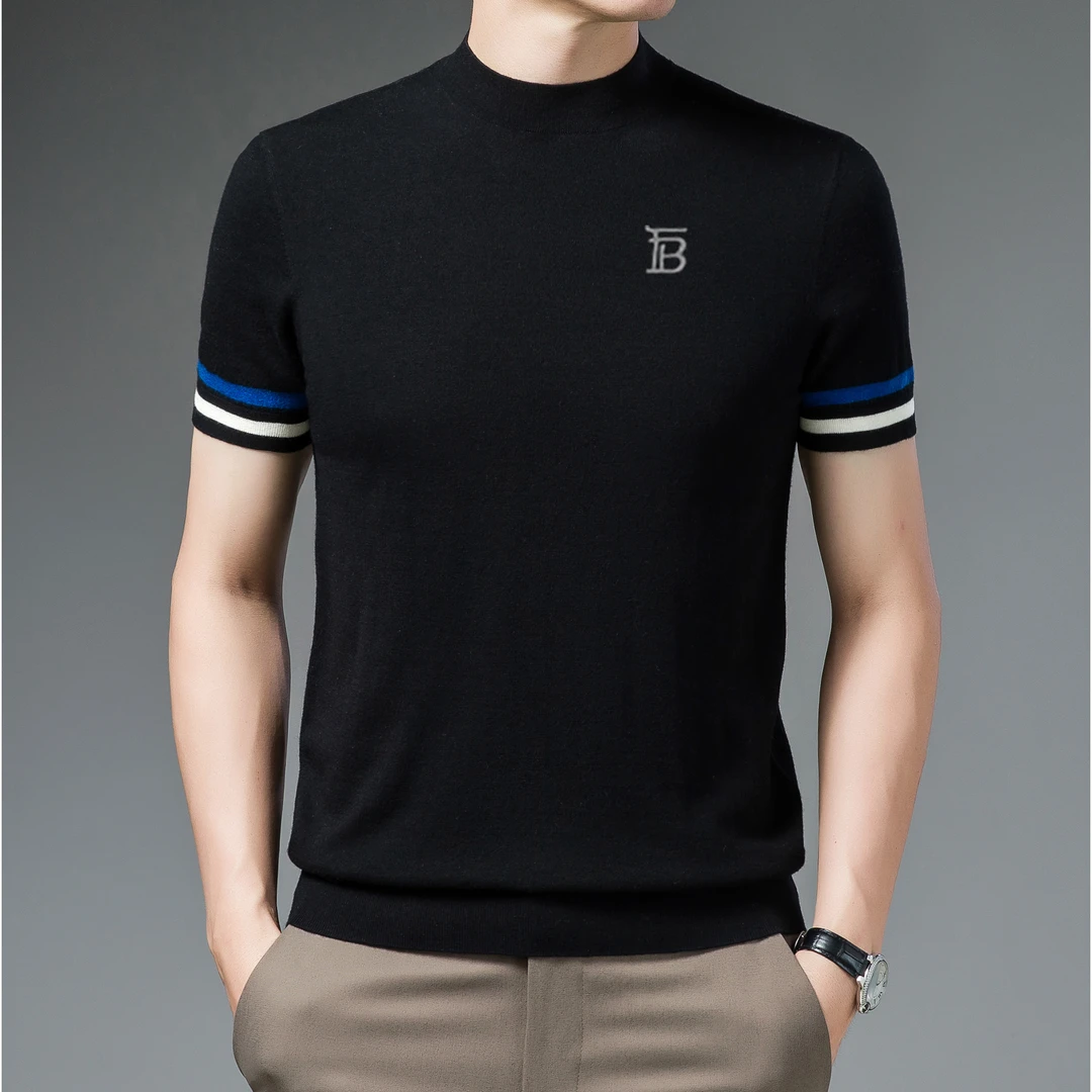 欧洲轻奢LUNBBLRRY半高领圆领短袖t恤男士薄款高档百搭羊绒衫毛衣