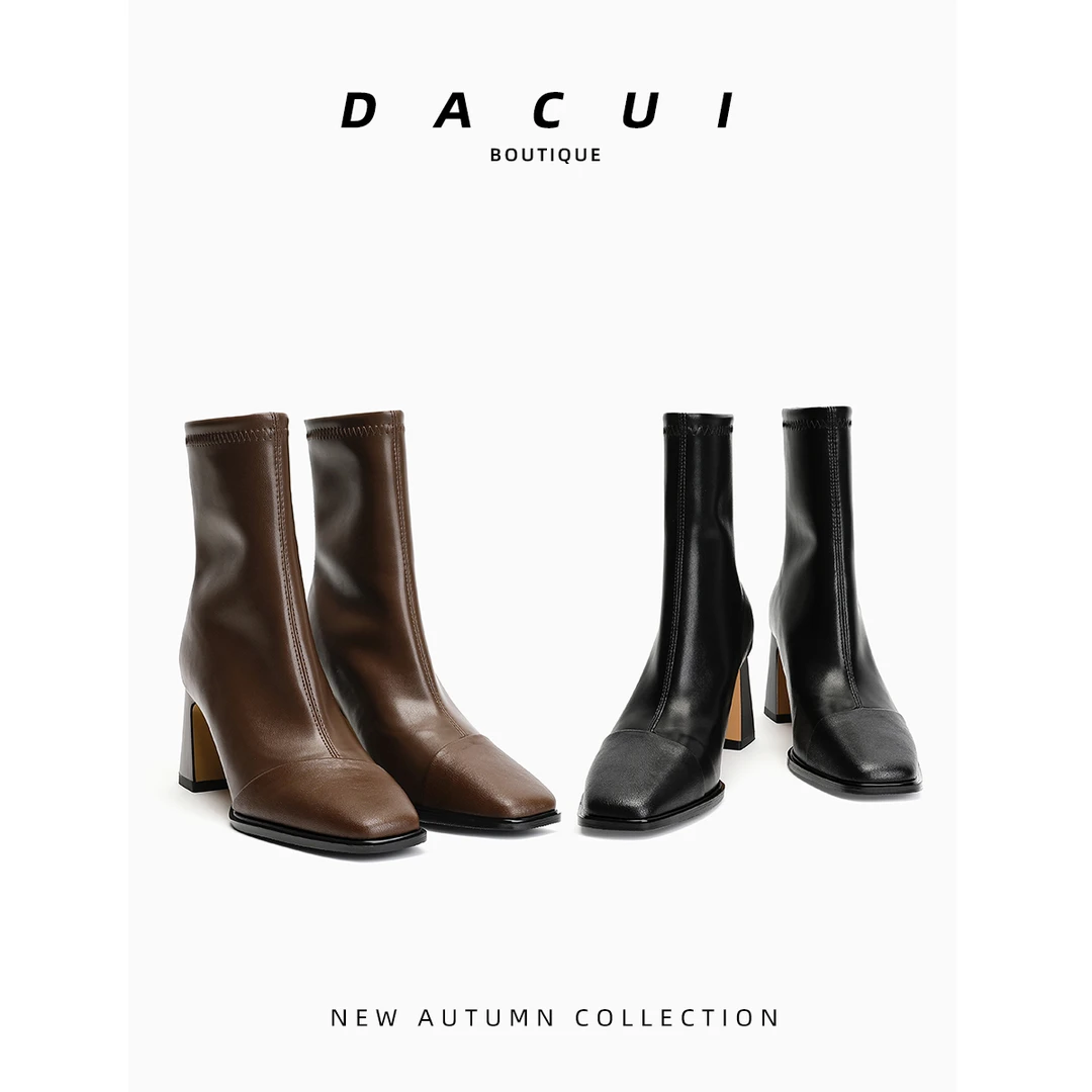 显瘦高跟马丁靴棕色英伦风粗跟短靴秋冬靴子女网红同款加绒瘦瘦靴