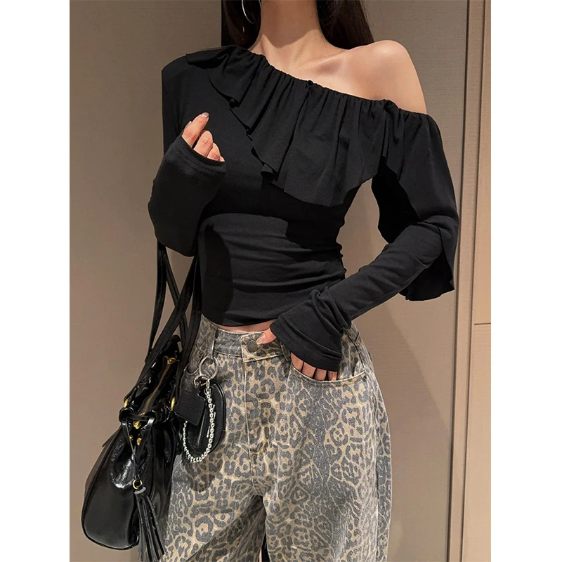 妙前【迪迪】一衣多穿性感纯欲长袖T恤女修身褶皱荷叶边别致上衣