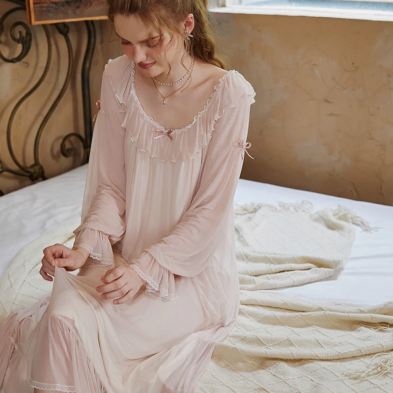 欧式女长款网纱性感莫代尔长袖法式蕾丝宫廷风睡衣女款春夏公主风