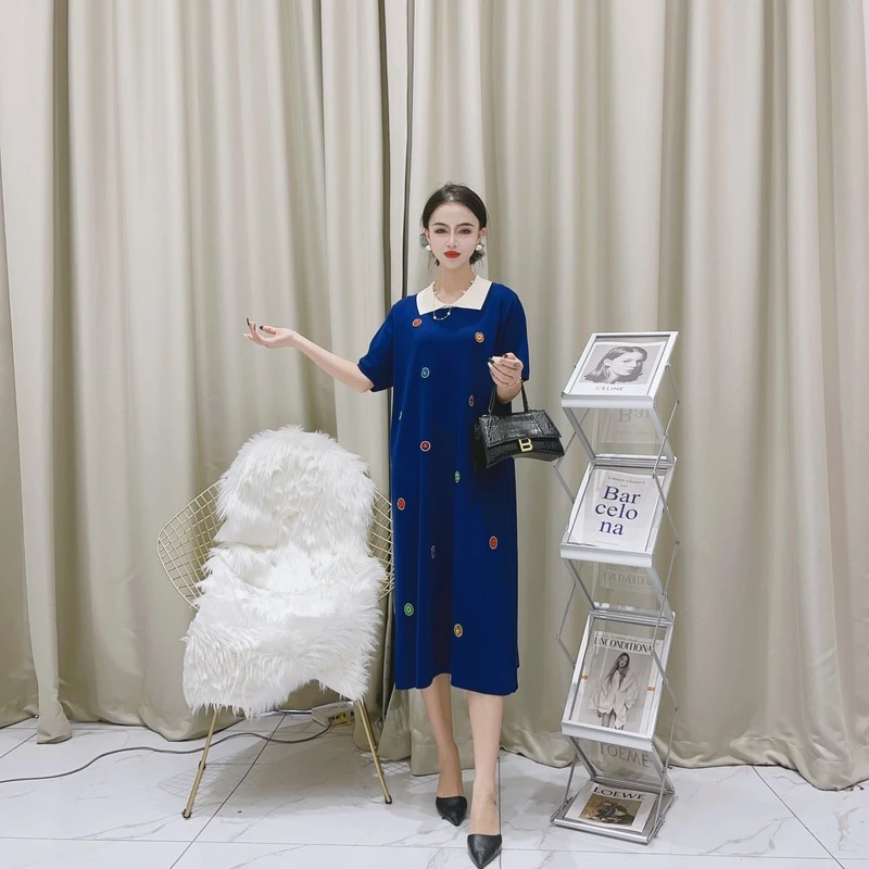 392【春夏】藏蓝色彩点装饰连衣裙针织中长款春夏韩版时尚显瘦