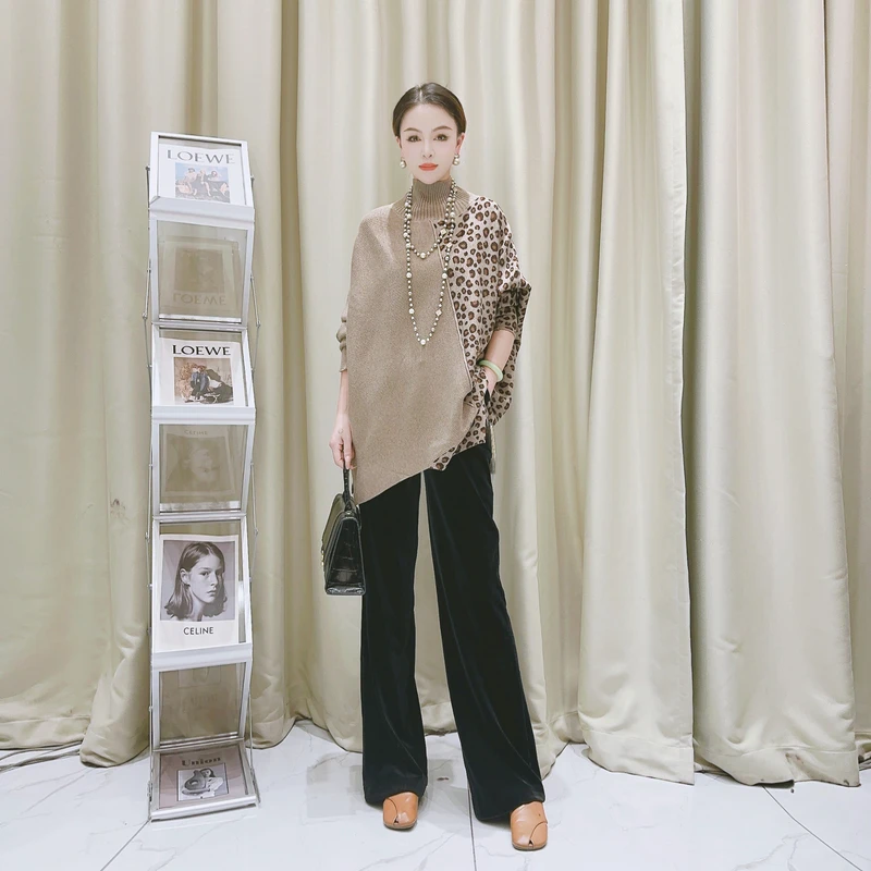 5843卡其豹纹气质设计师秋冬中长轻奢针织连衣裙