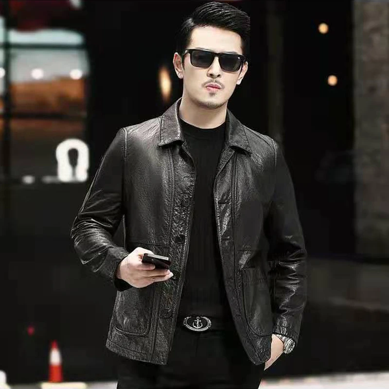 新款油蜡头层小牛皮男士真皮皮衣短款西装领休闲夹克薄外套
