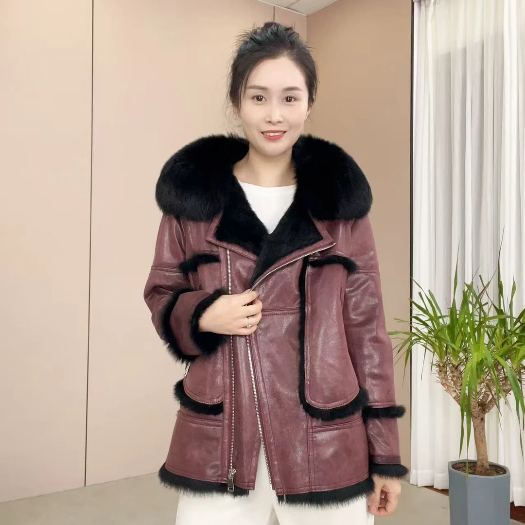 【思创】8226设计师皮毛一体中长款休闲百搭时尚女外套