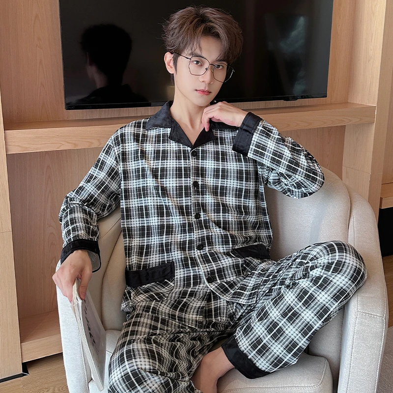 纯棉男睡衣秋冬季青少年中老年爸爸男款家居服套装春秋老年人长袖