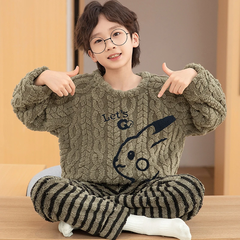 男童睡衣秋冬款保暖法兰绒卡通长袖加厚中大童儿童睡衣家居服套装