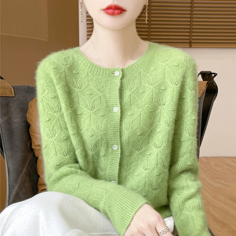 法式时尚款100羊毛衫女圆领开衫镂空鼓包减龄针织外套