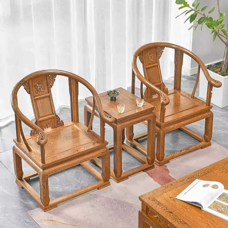 红木家具鸡翅木皇宫椅三件套圈椅实木新中式休闲椅太师椅靠背椅子