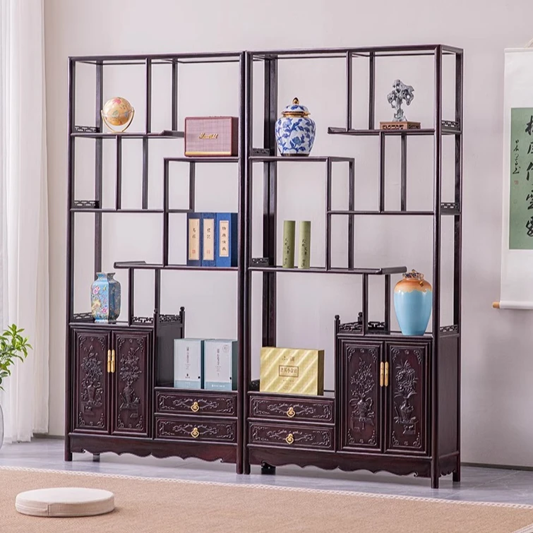 赞比亚血檀博古架中式茶叶架全实木多宝阁非洲小叶紫檀雕花置物架