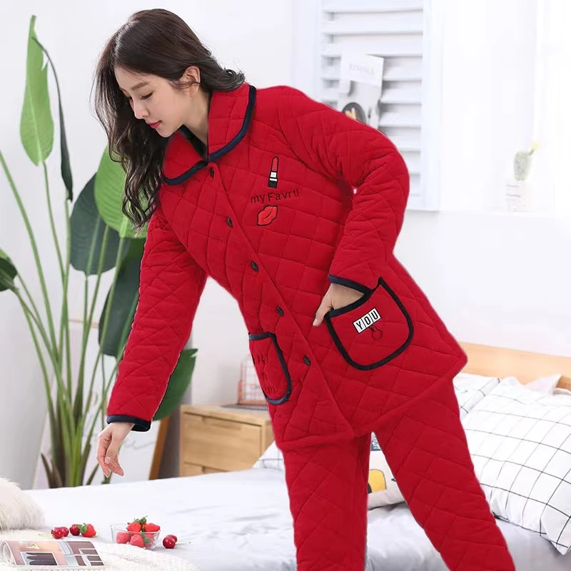 【淇淇家专属】睡衣女士冬季保暖三层加厚珊瑚绒夹棉加绒套装家居服