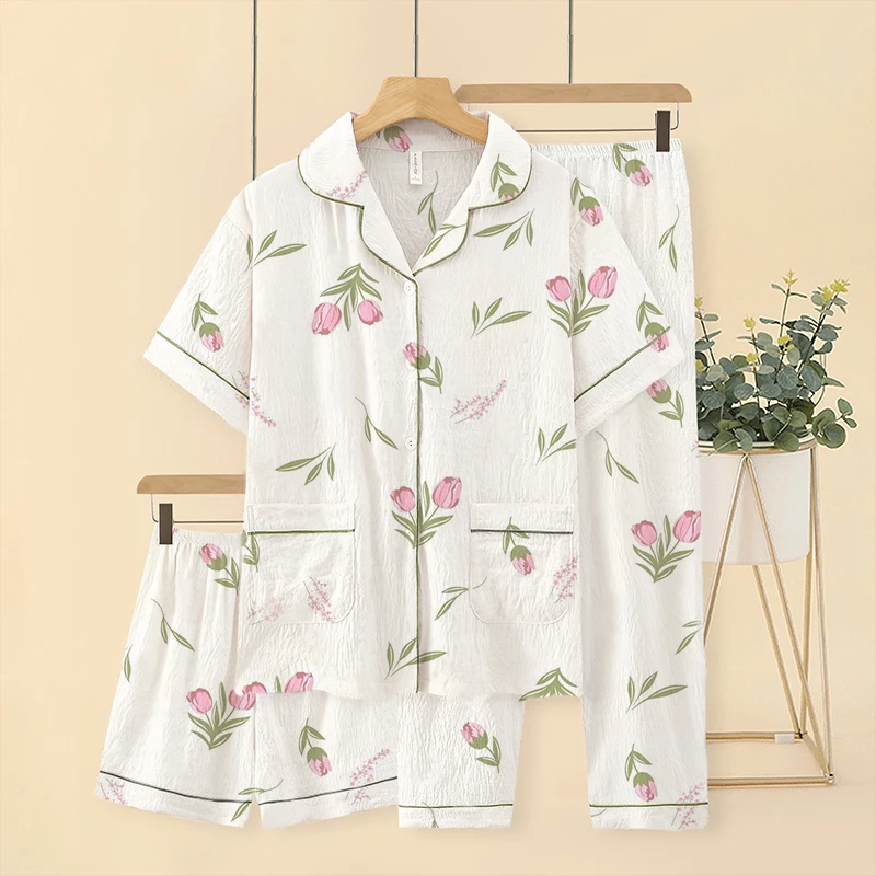 短袖三件套云朵棉睡衣女夏季新款2025爆款大码宽松家居服套装外穿