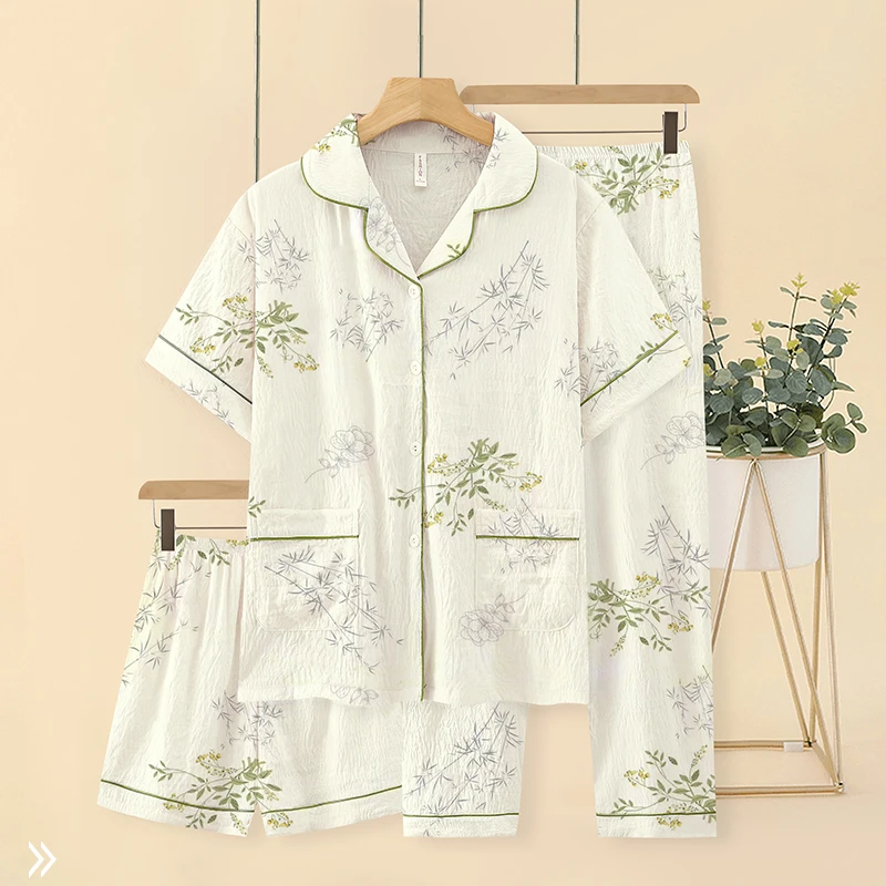 【清新竹林拍一发三】睡衣女夏春季舒适宽松短袖长裤家居服套装外穿