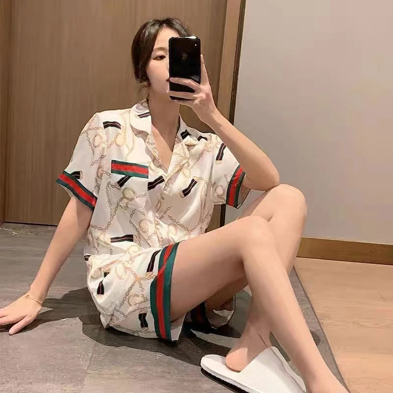 【短袖短裤的福利】睡衣女夏季冰丝短袖短裤套装韩版白金链条家居服