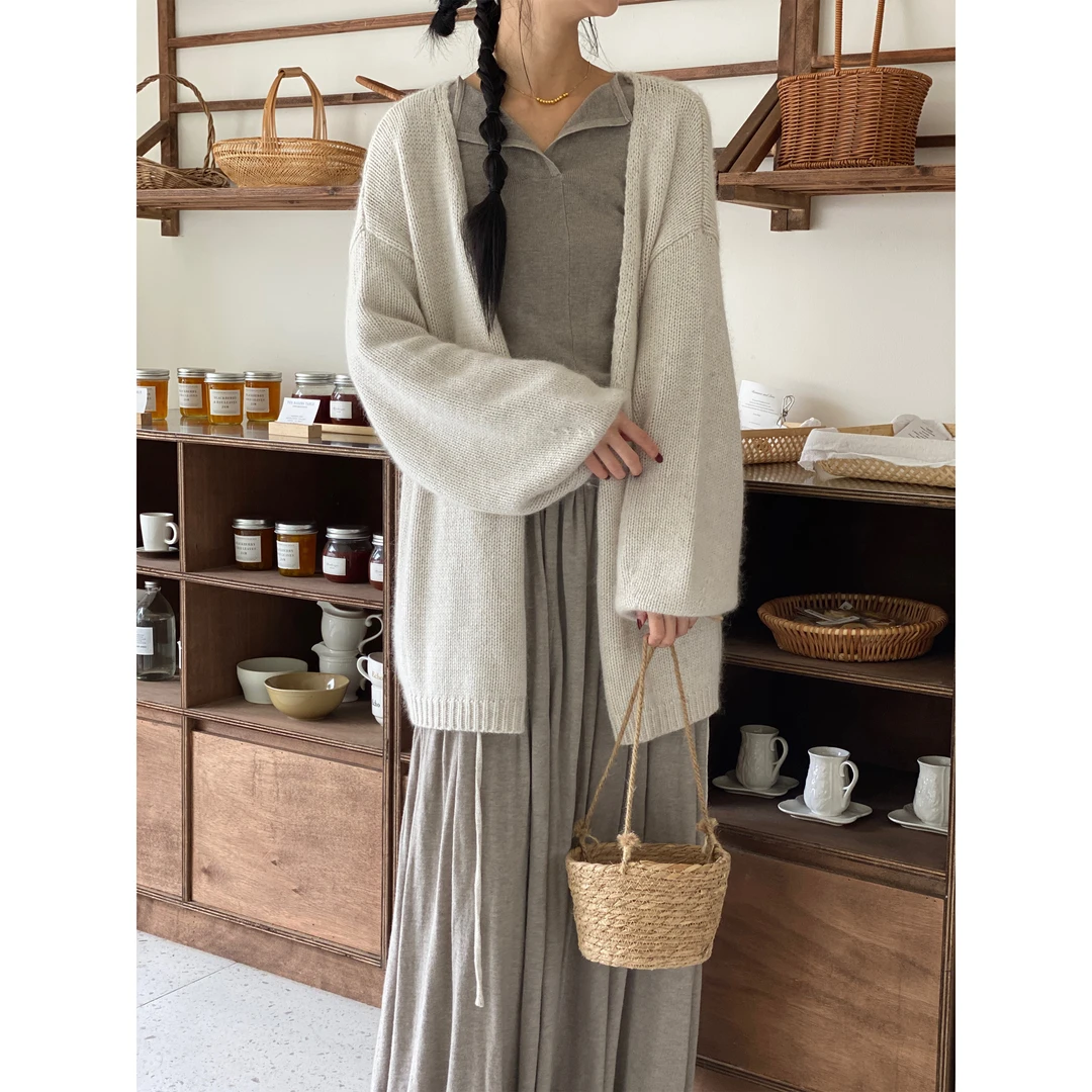 林软软【念瑶】秋冬清冷慵懒宽松柔软禅意百搭灯笼袖系带毛衣外套