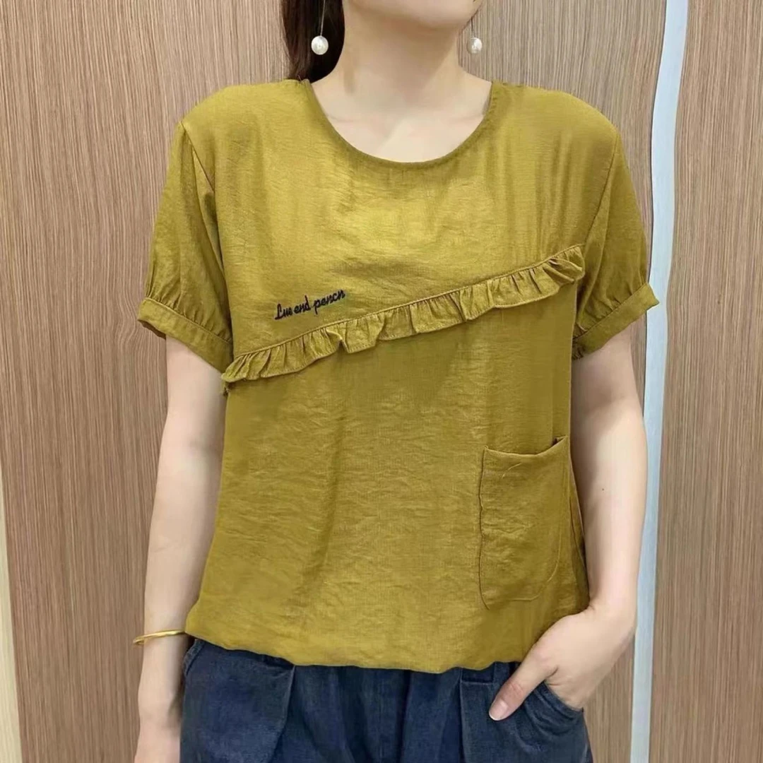 圆领宽松夏季小衫时尚百搭显瘦纯色t恤休闲洋气气质韩版遮肚上衣