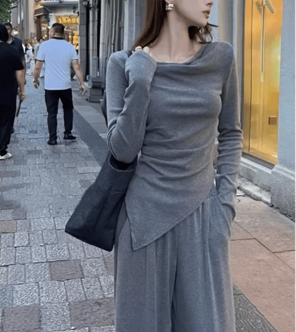 佳琦【晚风落叶】509不规则打底衫内搭荡领一字肩上衣高级感套装