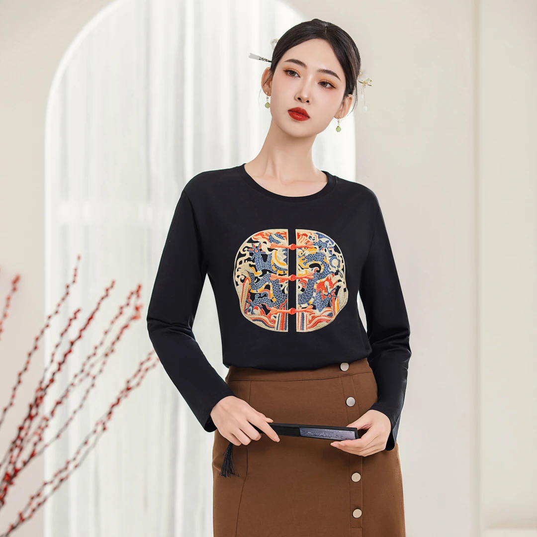 新中式盘扣打底长袖衫国风复古黑色圆领印花秋冬休闲百搭纯棉上衣