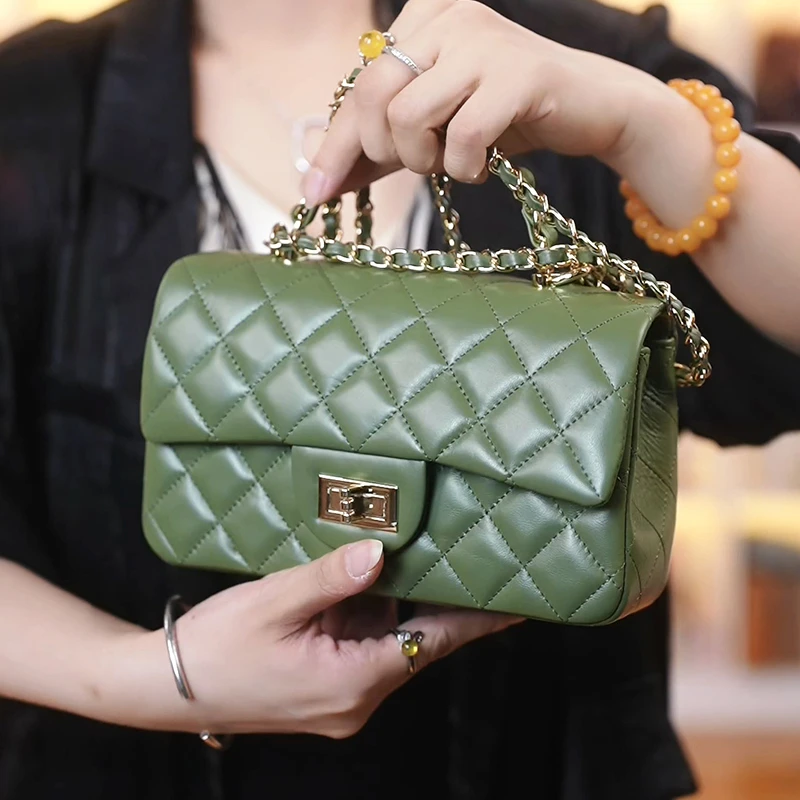 【香2024】真皮链条菱格斜挎小包女2024新款牛皮单肩通勤腋下包手提